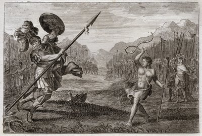 Bible of Royaumont, Gamle Testamente: Kæmpe Goliat. Goliat, filisteren, af en storslået storhed, bliver besejret af David, kun våben med en slynge og en stok. Illustration fra 1811. af Unknown artist