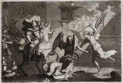 Bible of Royaumont, Gamle Testamente: Heliodor på jagt efter templet. Heliodor (Heliodoros) sendt af sin hersker for at plyndre Jerusalems tempel, blev slået med meter af engle. Illustration fra 1811. af Unknown artist