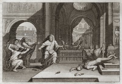 Bible of Royaumont, Det Gamle Testamente: Dagons Idol. Og da filistrene satte pagtens ark i templet ved siden af deres Gud Dagon, bragte hun deres afgudsbillede ned og slog dem alle med en meget høstplage, som tvang dem til at sende hende bort. Illu af Unknown artist
