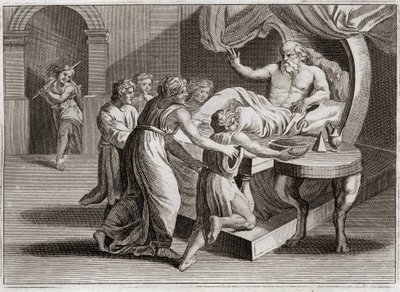 Bible of Royaumont, Gamle Testamente: Isak velsignede Jakob. Isak, der ønsker at velsigne Esau, giver Jakob sin velsignelse ved Rebekkas visdom, som hun tilhørte ifølge Guds plan. Illustration fra 1811. af Unknown artist