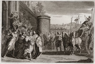 Bible of Royaumont, Gamle Testamente: Jephte ofrer sin datter. Jephte, en af Israels dommere, svor at ofre til Gud den første person, der ville komme til ham efter hans sejr mod ammonitterne. Det var hans datter. Illustration fra 1811. af Unknown artist