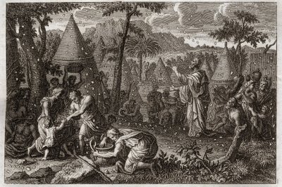 Bible of Royaumont, Det Gamle Testamente: Jøder i ørkenen (eller manna-oprøret). Gud lader manna falde fra himlen i fyrre år. Illustration fra 1811. af Unknown artist