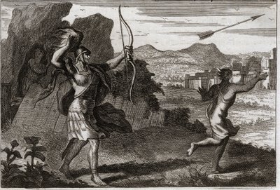 Bible of Royaumont, Det Gamle Testamente: Jonathan og David. Og da Jonatan så sin fars bitterhed, advarede Saul ham om at trække sig tilbage. Illustration fra 1811. af Unknown artist
