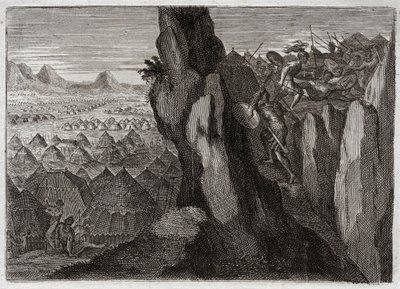 Bible of Royaumont, Gamle Testamente: Jonathan og hans Ecuyer. Jonatan, kong Sauls søn, går alene med sin ecuyer ind i filisternes lejr og sender dem på flugt. Illustration fra 1811. af Unknown artist