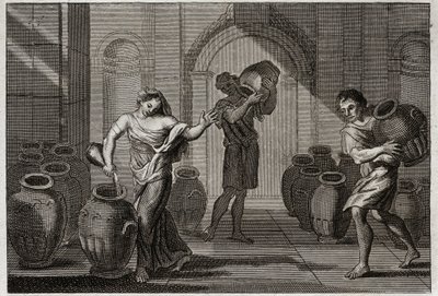 Bible of Royaumont, Gamle Testamente: Miracle of Elisee. En forpint enke fra hendes creancers, ved hjælp af Elisees velgørenhed, befalede denne profet hende at låne mange kar fra disse naboer, som hun fyldte med olie med en lille rest, som hun havde i sin  af Unknown artist