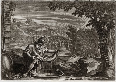 Bible of Royaumont, Gamle Testamente: Miracle of Fleece. Gedeon (Gideon) fik af Gud uldens mirakel som bevis på, at han havde valgt det, og at han ville gøre det til sit folks befrier. Illustration fra 1811. af Unknown artist