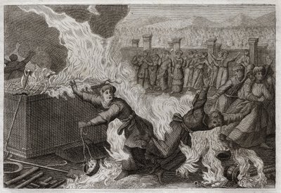 Bible of Royaumont, Gamle Testamente: Nadab og Abiu. Nadab (Nadav) og Abiu (Abihou), Arons sønner, som tændte en fremmed ild i deres røgelse for at ofre røgelse til Gud, blev brændt i selve tabernaklet. Illustration fra 1811. af Unknown artist
