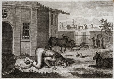 Bible of Royaumont, Det Gamle Testamente: Nebukadnezzar skifter til bete. Kong Nebukadnezar II bliver ved en retfærdig straf for sin stolthed ændret til bete. Illustration fra 1811. af Unknown artist