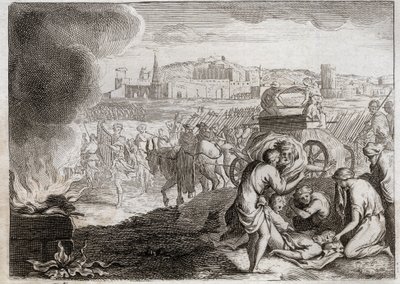 Bible of Royaumont, Det Gamle Testamente: Oza slår med Gud. David ønsker at bringe Pagtens Ark hjem. Oza døde, som lagde sin hånd der for at forhindre ham i at falde. Illustration fra 1811. af Unknown artist