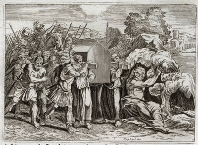 Bible of Royaumont, Gamle Testamente: Passage af Jordan. Josua bringer Jordan til hele folket. Denne flod tørrer ud, og præsterne, som bar pagtens ark, kom ind i den; og vandet rejste sig ovenover og blev svævende som et bjerg. jeg af Unknown artist