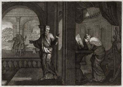 Bible of Royaumont, Gamle Testamente: Davids anger. Gud sender sin profet Nathan til David for at repræsentere hans fejl. Fortrydelsen over, at denne hellige konge fik det til, får ham til at acceptere alt det onde, som profeten forudsagde ham. Illustratio af Unknown artist