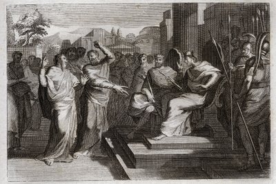 Bible of Royaumont, Gamle Testamente: Piete af Josaphat. Josafat, Judas frommeste konge, får alle de fyrster, der er omkring ham, til at ryste og vidner på forskellige måder om sin fromhed mod Gud, hvilket gjorde ham til sejr over sine fjender. Illustr af Unknown artist