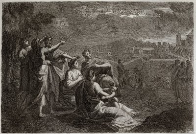 Bible of Royaumont, Det Gamle Testamente: Forudsigelser om Jerusalem. Gud har opgivet våben i luften over Jerusalem for at forgribe sig over det onde, der skulle smelte over hende. Illustration fra 1811. af Unknown artist