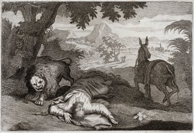 Bible of Royaumont, Det Gamle Testamente: Profeten ulydig. En profet, der har taget Jeroboam fra sine ugudelige, bliver dræbt af en løve, fordi han ikke adlød Herren, som havde forbudt ham at drikke og spise på dette sted. Illustration fra 1811. af Unknown artist