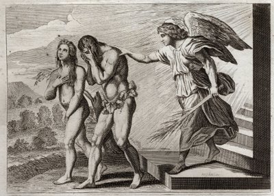 Bible of Royaumont, Gamle Testamente: Straf over Adam. Gud driver Adam og Eva ud af Paradiset, efter at de falder, og sætter en Cherubin ved døren for at forsvare deres indgang. Illustration fra 1811. af Unknown artist