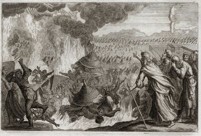 Bible of Royaumont, Det Gamle Testamente: Straf for himmelsk ild. Core (Kore), Dathan (Datan, Nathan) og Abriron (Abiram), der mumler mod Moses og påvirker herskeren Pretrise, bliver alle ødelagt i live, og jorden åbner sig for at fortære dem. Afsnit af af Unknown artist