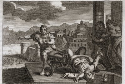 Bible of Royaumont, Gamle Testamente: Straf af Heli. Gud, for at straffe den store præst Heli (Eli) for hans uagtsomhed i at overtage sine børns ordrer, tillader ham at falde fra sin stol og brække hovedet ved at høre nyheden om deres død af Unknown artist