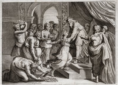 Bible of Royaumont, Gamle Testamente: Dronning af Saba. Dronningen af Saba kommer til Salomo for at lytte til hans visdom og give ham gaver. Illustration fra 1811. af Unknown artist