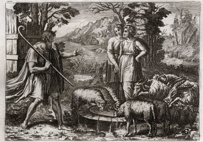 Bible of Royaumont, Gamle Testamente: Rachel og Lea. Jakob tjener Laban, sin onkel, for at få sin datter Rachel gift. Illustration fra 1811. af Unknown artist