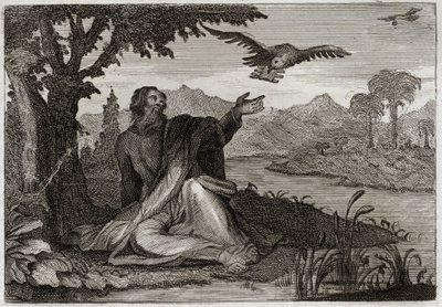 Bible of Royaumont, Gamle Testamente: Elias ravne. Gud slog jorden med en tre år gammel sterilitis, sendte profeten Elias ved et vandløb, eller to krager bragte ham mad. Illustration fra 1811. af Unknown artist