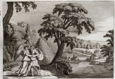 Bible of Royaumont, Gamle Testamente: Esaus forsoning med Jakob. Jakobs visdom til at blødgøre Esau. Hans kamp med englen. Illustration fra 1811. af Unknown artist