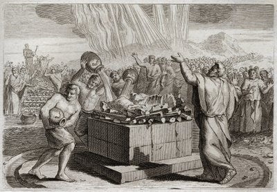 Bible of Royaumont, Gamle Testamente: Elias ofring. Og efter at have gjort den sande Gud kendt ved ildens mirakel, som kom ned fra himlen ved hans offer, befalede han folket at dræbe de fire hundrede og halvtreds præster af Ba