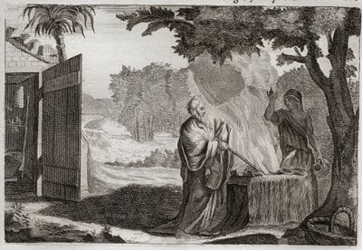 Bible of Royaumont, Gamle Testamente: Gedeons offer. Gedeon (Gideon) er kaldet af Gud til at fjerne jøderne fra deres fjender. Han bringer et offer på en sten, hvorfra han kommer ud af en ild, der fortærer den. Illustration fra 1811. af Unknown artist