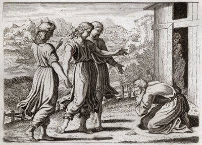 Bible of Royaumont, Det Gamle Testamente: Sara samler Isak. Abraham modtager tre engle, som lover Sara (Sarah), at hun får en søn om et år. Illustration fra 1811. af Unknown artist