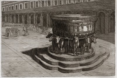Bible of Royaumont, Gamle Testamente: Hav af skamløs. Støbejern kalder sædvanligvis Sødkophavet for at vaske præsternes fødder og hænder, når de går ind i templet. Illustration fra 1811. af Unknown artist