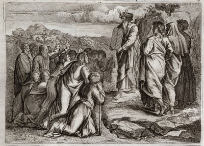 Bible of Royaumont, Det Gamle Testamente: Lovens anden tabeller. Gud giver Moses andre borde (Ti Bud), som folket modtager med respekt. Illustration fra 1811. af Unknown artist