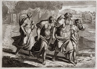 Bible of Royaumont, Gamle Testamente: Sodom brulee. Gud irriterer Sodomas afskyelige forbrydelser, brænder den sammen med de andre nabobyer, med en regn af ild og svovl, som han brænder fra himlen (Loth, hans døtre og hans kone flygter fra byen). Illustr af Unknown artist
