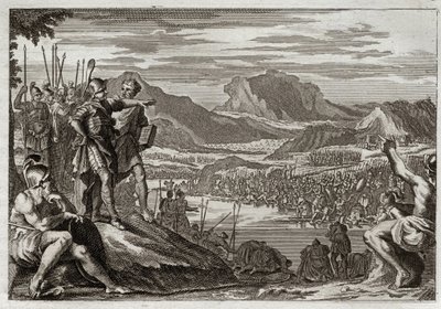 Bible of Royaumont, Gamle Testamente: Soldiers of Gedeon. Gud befaler Gedeon (Gideon) at føre alle sine tropper til Jordanfloden og giver ham et mærke til at skelne dem, som han skulle bruge til at kæmpe mod midjanitterne. Illustration fra 1811. af Unknown artist