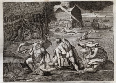 Bible of Royaumont, Det Gamle Testamente: Syndfloden. Syndfloden oversvømmer hele jorden. Den eneste ark redder dem, der var låst i den, fra denne forlis. Illustration fra 1811. af Unknown artist