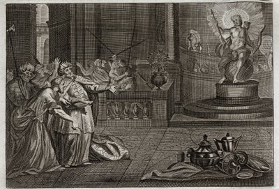 Bible of Royaumont, Det Gamle Testamente: The Idol of Bel. Daniel ødelagde idolet i Bel og dræbte en drage, som babylonierne tilbad. Illustration fra 1811. af Unknown artist
