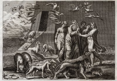 Bible of Royaumont, Det Gamle Testamente: Regnbuen. Noe forlader arken og bringer et offer til Gud, som modtager det positivt. Han lover ikke at sende mere syndflod på jorden. Han giver Regnbuen som et tegn på sandheden af dette løfte. Illustration fra 181 af Unknown artist