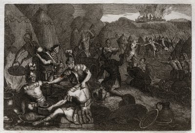 Bible of Royaumont, Gamle Testamente: Thieves of Siceleg. Nogle amalekiter kommer for at plyndre Siceleg i Davids fravær. Han løber rasende og mister dem. Illustration fra 1811. af Unknown artist