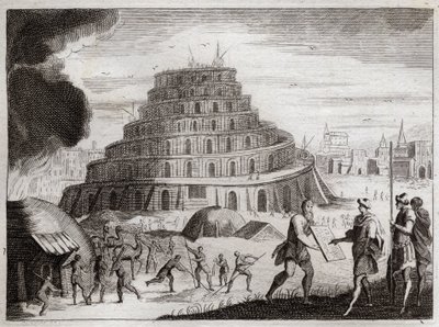 Bibelen fra Royaumont, Det Gamle Testamente: Babelstårnet. Mænd ønsker af forfængelighed at rejse et tårn til himlen. Gud forhindrer dette arbejde ved at forvirre deres tunger, så de ikke længere kan høre hinanden tale. Illustration fra 1811. af Unknown artist