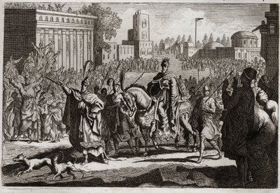 Bible of Royaumont, Gamle Testamente: Triumf af Mardochee. Aman (Haman) er tvunget af kongen til at offentliggøre Mardochees (eller Mordekhais) triumf, hans fjende i hele byen Susan (bedre kendt som Susa). Illustration fra 1811. af Unknown artist