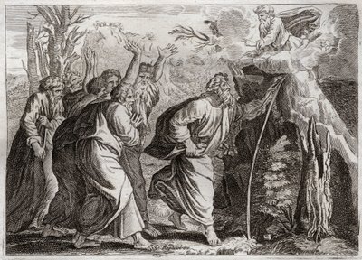 Bible of Royaumont, Gamle Testamente: Vand fra klippen. Moses bringer vand op af klippen og giver Israels folk en drink. Illustration fra 1811. af Unknown artist