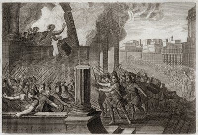Bible of Royaumont, Gamle Testamente: Zambri brænder. Zambri, der har gjort oprør mod Ela, den fjerde konge af Israel, er belejret i Thersa, hvor han brænder sig selv med hele sin familie i sit palads. Illustration fra 1811. af Unknown artist