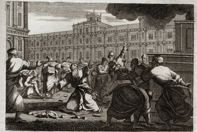 Bible of Royaumont, Gamle Testamente:, Zakarias stenet. Zakarias, ypperstepræsten, bliver stenet på befaling af Joash (Jehoash) konge af Juda, fordi han tog ham fra hans ordrer. Illustration fra 1811. af Unknown artist