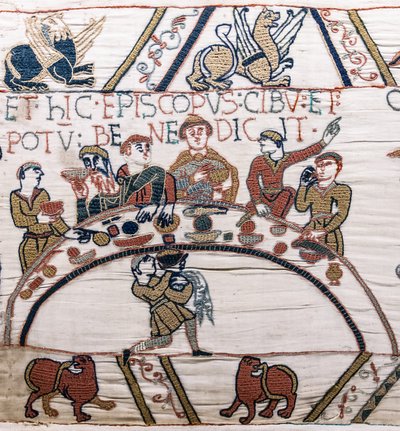 Biskop Odo velsigner maden og vinen, Bayeux Tapestry (uldbroderi på hør) af Unknown artist