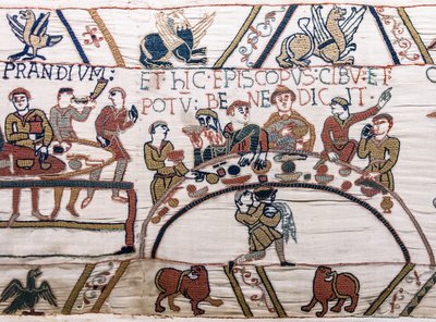 Biskop Odo velsigner maden og vinen, Bayeux Tapestry (uldbroderi på hør) af Unknown artist