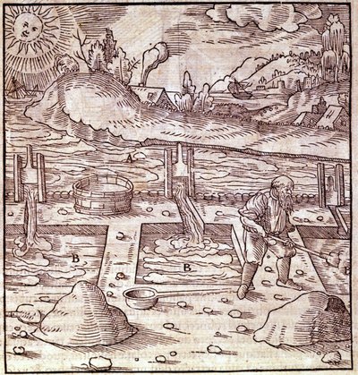 Bitumengendannelse. Georg Bauer "" Agricola De Re metallica"" bog fra det 15. århundrede. Bibl. ved Videnskabsmuseet, Milano. af Unknown artist