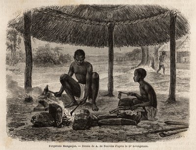 Smedemanganjaer (etnisk gruppe i Zambeze-regionen). Indgravering til illustration af Dr. Livingstones første rejser til det sydlige Afrika fra 1840 til 1856, i "Le tour du monde, nouveau journal des voyages"" udgivet under ledelse af Edouard Charton af Unknown artist