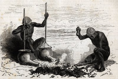 Smede Lakoutas (stamme beliggende i Upper Nile-regionen), en forgrenet trægren tjener som tænger, to sten tjener som hammer og ambolt, to jordpotter med lange rør i bunden fungerer som bælge til trækulsild, potterne er faste ved en stykke s af Unknown artist