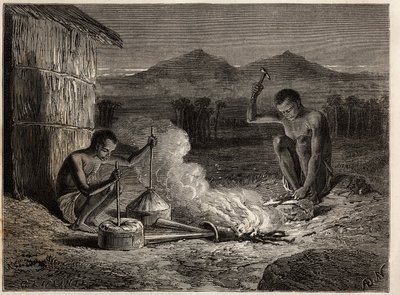 Smede i Simiango, ved bredden af Zambese-floden. Indgravering til illustration af Dr. Livingstones første rejser til det sydlige Afrika fra 1840 til 1856, i "Le tour du monde, nouveau journal des voyages"" udgivet under ledelse af Edouard Charton af Unknown artist