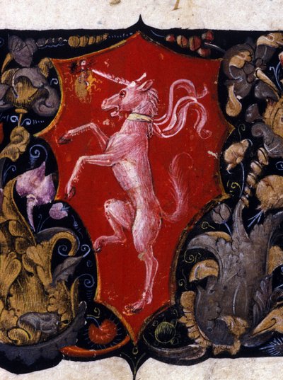 Blazon dekorerer en enhjørning på en rød baggrund. Detalje af en miniature. 15. århundrede af Unknown artist