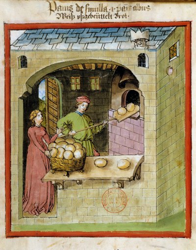 Brødfremstilling: en bager bager brødene. Belysning fra malkning af medicin og diætetik "" Tacuinum sanitatis"" af Unknown artist