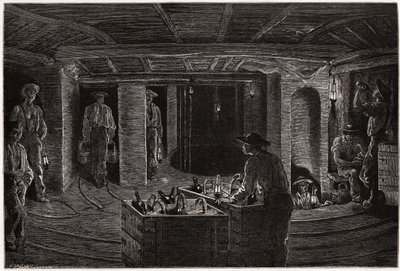 Morgenmad i minen, distribution og forbrug af kurve-måltider til minearbejdere i kulminegallerierne i Creusot. Gravering til illustration af en rejse til Creusot og minerne i Saone og Loire, i 1865, af L. Simonin, i "" Le tour du monde, no. af Unknown artist